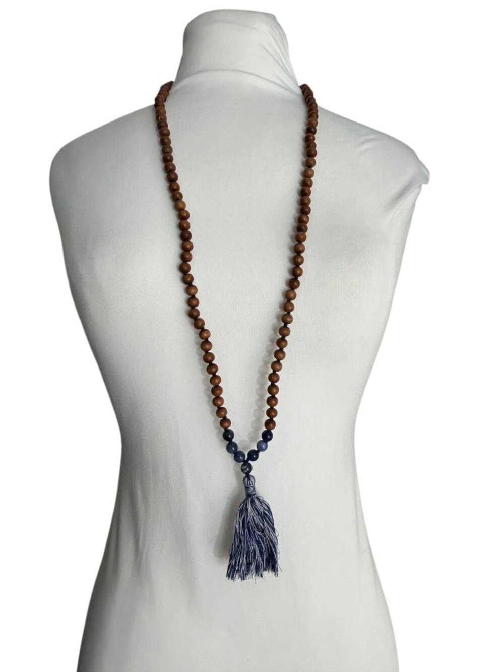 Wood Bead Tassel Long Necklace Blue Stone Mala Boho Meditation Yoga Necklace